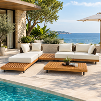 Canapé modulaire d'extérieur en teck de luxe avec chaise longue et dossier en osier