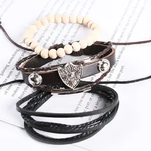 Hot Totem Retro Fashion Braided Hand Ornaments Wood Beads Everything Matching Accessories Hot Wholesale Leather Bracelet