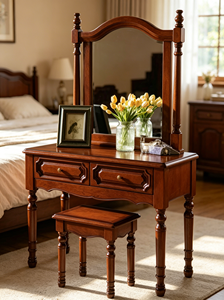 Vintage Solid Wood Dressing Table Set With <b>Mirror</b> Stool 2 Drawers Walnut Bedroom <b>Makeup</b> Vanity Desk - Product Image 4