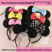 Headband Kain Buatan Tangan Motif Kepala Tikus dengan Pita dan Polkadot untuk Pertunjukan dan Taman Hiburan, Telinga Hitam, Produk Baru YHM