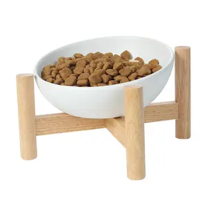 Высококачественная керамическая миска для кошек с бамбуковой подставкой, деревянная полка, миска для корма для кошек и собак от производителя, товары для домашних животных