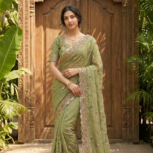 <b>Green</b> Embroidered <b>Silk</b> Saree Set with Choli Traditional Indian Dress Floral Beaded Silky Dupatta Wedding Diwali Party Wear - Product Image 1