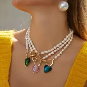 欧美设计多重彩色心形吊坠项链流行元素不规则天然珍珠串珠项链2023