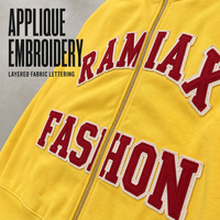 Sweat-shirt zippé en chenille jaune 100% coton 450GSM RAMAX avec patch et motif graphique lettres universitaires, coupe oversize, streetwear uni pour homme, personnalisable