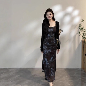 Tie Dye Sleeveless Strapless Dress Women Slim Fit Ink Painting Pattern Maxi Skirt Party Wear Black Dress Polyester YX 8143 - Product Image 2