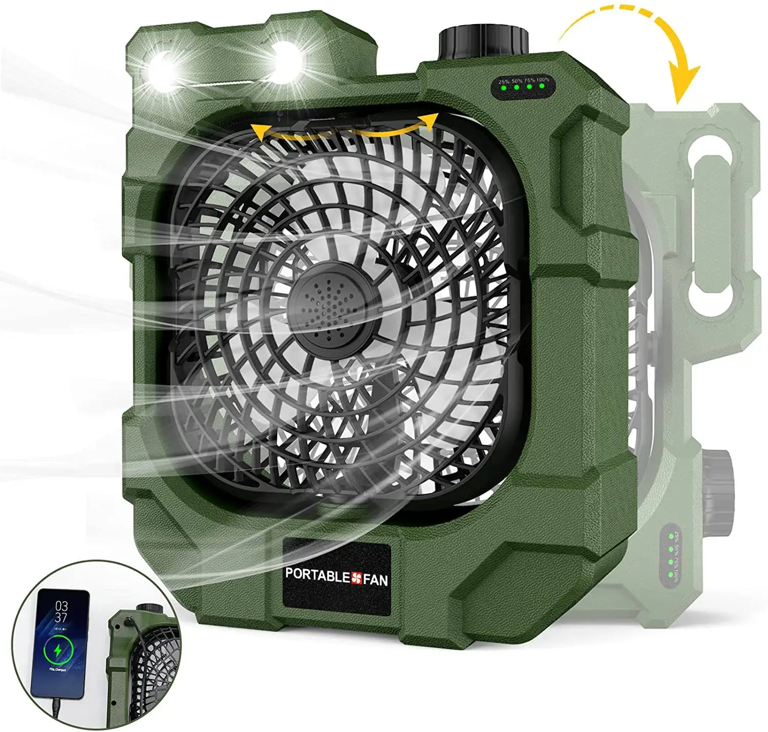 270 Grad Drehung Tragbarer geräuscharmer Außen ventilator mit LED-Licht 10400 mAh USB-Ladezelt-Decken ventilator Camping ventilator