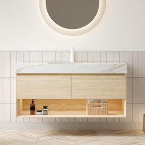 <span class=keywords><strong>FRIGGA</strong></span> Mueble de Baño con Lavabo de 48 Pulgadas, Gabinete de Almacenamiento Flotante de Madera Contrachapada, Cajones y Estante con Luz con Sensor, Lavabo de Cerámica Empotrado - Product Image 1