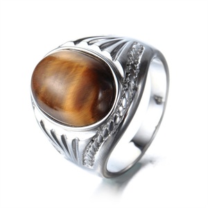 Anillo de Acero Inoxidable con Piedra Natural de Ojo de Tigre, Bañado en Oro, Ovalado, para Hombre, Éxito de Ventas en Europa - Product Image 1