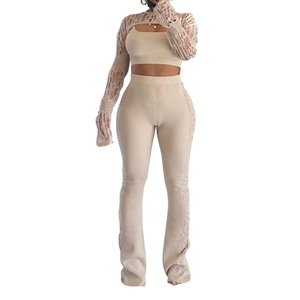 ชุดเซ็ตแฟชั่น 3 ชิ้น เสื้อครอปแขนยาวคอปกแบบโปร่ง เสื้อสายเดี่ยว และกางเกงไหมพรมสำหรับผู้หญิง สไตล์ลำลอง - Product Image 2