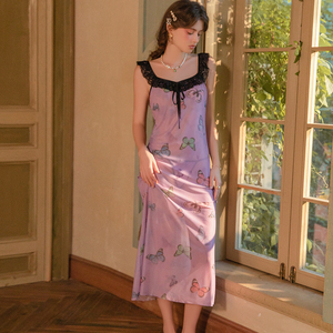 ชุดนอนผ้าชีฟองพิมพ์ลายผีเสื้อสำหรับผู้หญิง 6158 ชุดนอนลูกไม้หวานแบบยาว ชุดนอนเซ็กซี่ - Product Image 4