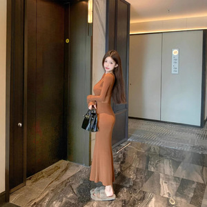 French Retro Square Neck Long Sleeve Mesh Patchwork Bodycon Fishtail Maxi Dress Women Autumn Winter Mature Sexy Solid Color - Product Image 2
