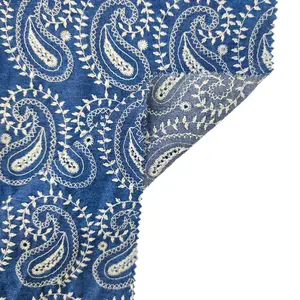 New Design Blue Paisley Damask Embroidered GRS 100% Imported Organic Cotton Woven Fabric For Garments