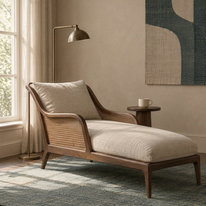 Chaise longue élégante en bois avec assise en cannage et coussin moelleux pour une décoration de salon confortable - Product Image 1