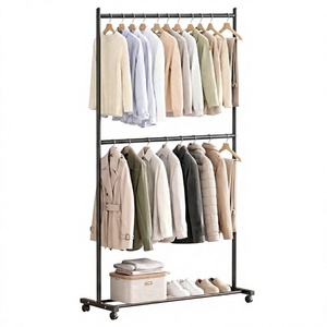 Perchero metálico de doble nivel con ruedas, armario minimalista con soporte de almacenamiento para ropa - Product Image 6
