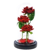 Trois roses éternelles sous cloche en verre, ornements, cadeaux pour la fête des mères, fleur simulée avec couvercle en verre, lumières LED