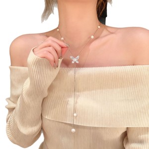 Butterfly Pearl Long Necklace With Pull-out Design For Women Sweater Chain Party Accessory - Product Image 5
