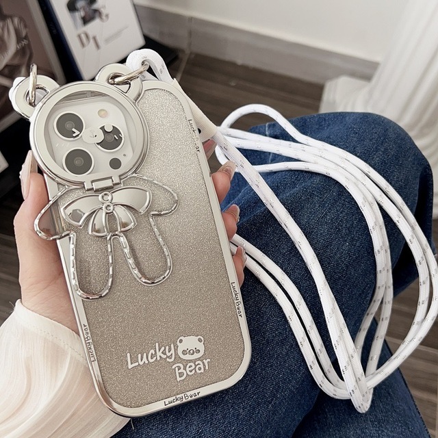 Electroplated Luxury Glitter Mobile Phone Case for iPhone I14 13 15 Pro Max Lucky Bear Stand Invisible Bracket Lanyard Case