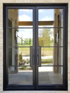 Diseño de puerta doble de vidrio arqueado para el hogar, puerta frontal de lujo, exterior, de hierro, funciona en color negro - Product Image 5