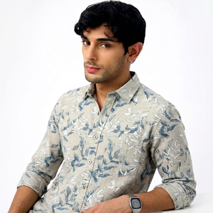Chemise décontractée pour homme Enovate à manches longues, imprimé floral numérique, col rabattu, manches complètes, en lin respirant, tissée, pour l'été - Product Image 1