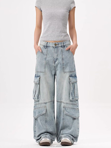 Pantalon cargo en jean ample et décontracté bleu clair pour homme, qualité supérieure, faible MOQ, directement de l'usine de Guangzhou, style urbain uni et tendance - Product Image 2