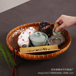 Bamboo Woven <b>Basket</b> Round <b>Storage</b> Kitchen Fruit Container Antique Style Handheld - Product Image 3