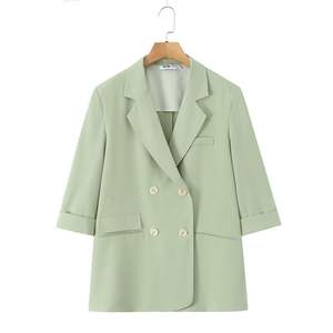 Blazer Vert Femme Runqi N9250 Manches Trois-Quarts Couleur Unie Veste de Costume de Bureau avec Boutons Grande Taille Style Commuting - Product Image 1