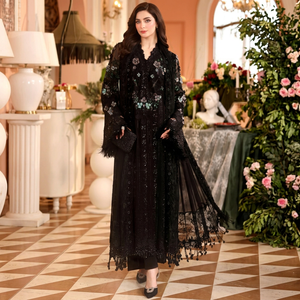 Costume indien pakistanais brodé noir en 3 pièces, longueur au sol, shalwar kameez, vêtements de fête pour femmes - Product Image 1