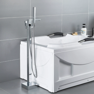 Rubinetto <span class=keywords><strong>per</strong></span> <span class=keywords><strong>vasca</strong></span> <span class=keywords><strong>da</strong></span> <span class=keywords><strong>bagno</strong></span> a pavimento Forever Brass moderno termostatico con doccia a pioggia, maniglia singola, soffione doccia quadrato e valvola in ceramica - Product Image 2