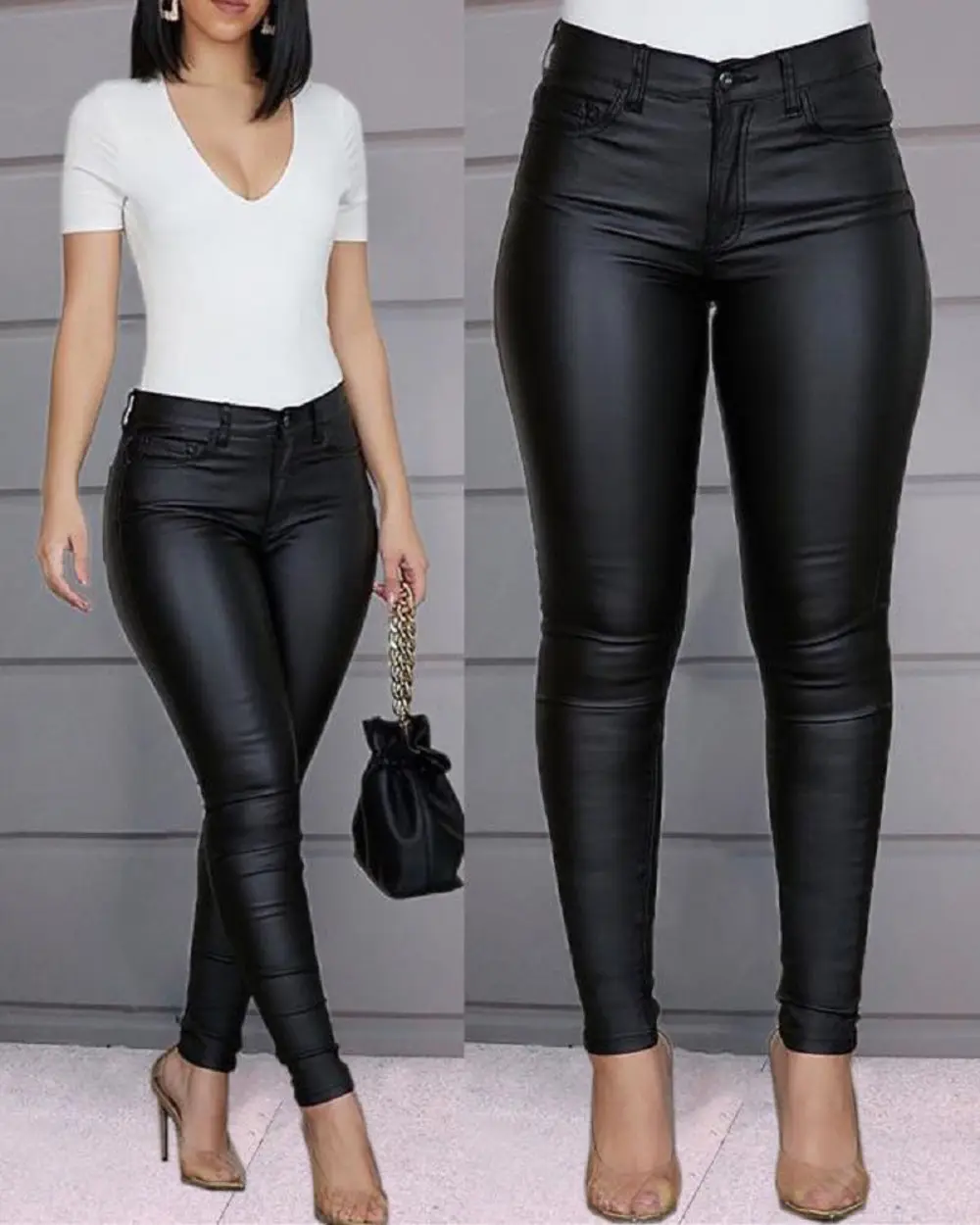 Wish Solid Color 2022 Casual Pencil Trousers Women Black Leather PU Pants