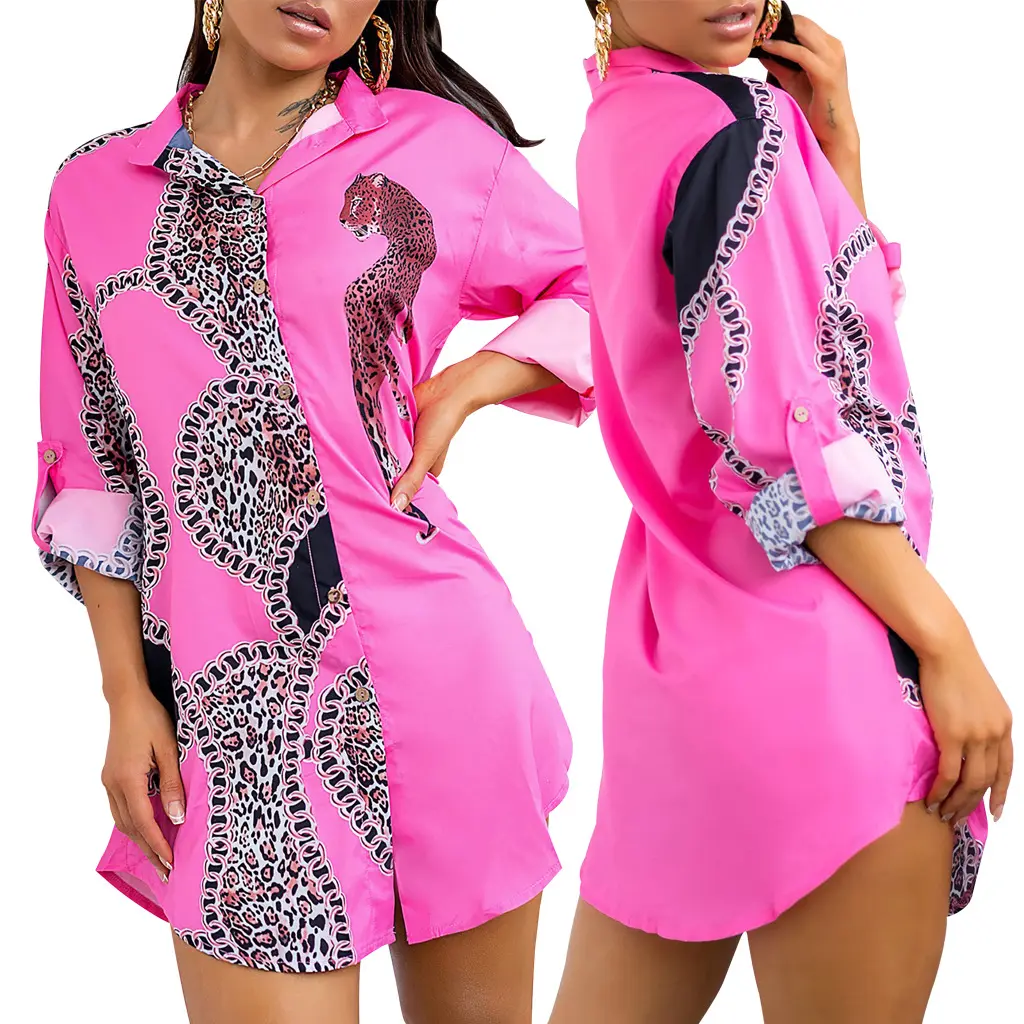 D0312TA09 2023 Hot Style Long Sleeves Magenta Leopard Pattern Loose Shirt Dress Women Sehe Fashion