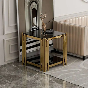 Tavolino da Caffè <span class=keywords><strong>Moderno</strong></span> di Lusso Convertibile in Acciaio Inox Quadrato 50x50cm con Vetro Temperato Nero e Angoli Dorati a Specchio - Product Image 4