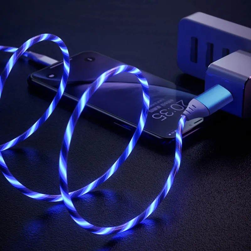 Led Flowing Light Fast Charging Illuminated Micro Type C 3a Quick Charger Led Charging Usb Cable