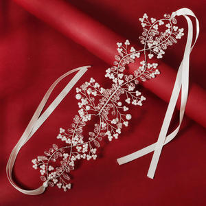 إكسسوار شعر للزفاف على الطراز الأوروبي والأمريكي، عصابة رأس يدوية الصنع مزينة بالأحجار الكريمة والشرائط والخرز، تصميم جديد وعصري للعروس - Product Image 3