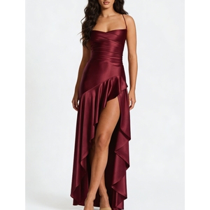 Sexy Women's <b>Spaghetti</b> <b>Strap</b> Backless Ruffled Asymmetric Slit Dress Evening Gown Dresses Fashion - Product Image 1