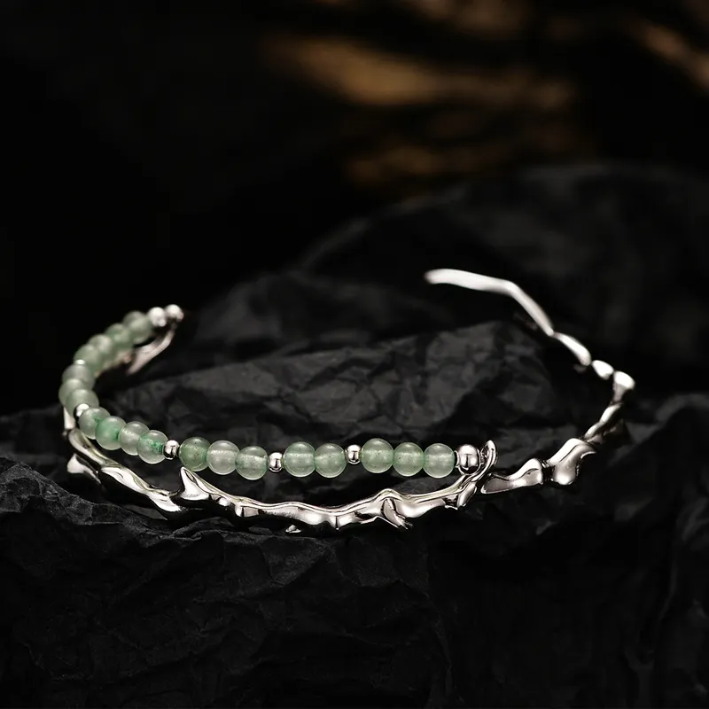 ICEBELA perhiasan gelang bambu Cina perak murni S925 manik bulat giok hijau buatan tangan tekstur gelang manset