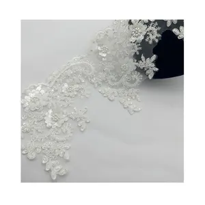 16.5 Wide Bridal White cord lace trim embroidery sequin bead trimming alencon lace trim DIY