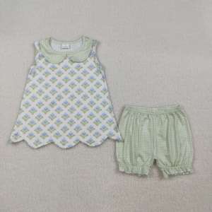 Conjunto de 2 Piezas para Niñas Pequeñas, Camisa con Borde Festoneado y Pantalones Bombachos, Estampado Floral Veraniego, Transpirable, 95% Algodón, Estilo Casual - Product Image 2