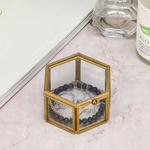 Boîte à bijoux hexagonale en verre doré vintage en gros avec couvercle à charnière, boîte à alliances géométrique pour décoration de mariage, logo personnalisé - Product Image 5