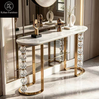 Table console de luxe en marbre avec pieds en acier inoxydable doré et boules de cristal, table console moderne pour entrée et couloir de style français