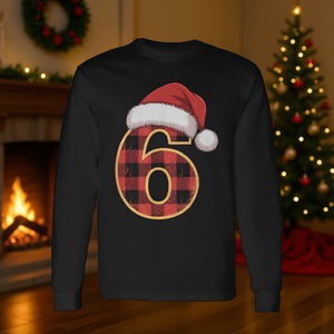 Number 6 <b>Christmas</b> Plaid Santa Hat Long Sleeve T-Shirt Matching Xmas <b>Pjs</b> - Product Image 3