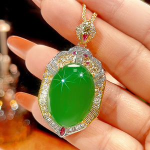 High Quality Eco-friendly <b>Copper</b> Gold Plated Oval 18*25mm Green Imitation Jade Stone Classic Engagement Pendant Unisex <b>Chains</b> - Product Image 5