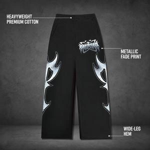 Pantalones Deportivos Anchos de Alta Calidad, 100% Algodón, Estampado Tribal de Llamas Plateadas sobre Negro, Estilo Y2K, Cintura Elástica, Ropa Casual Urbana - Product Image 5