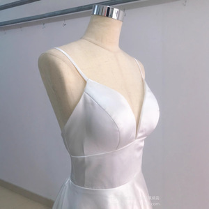 Strappy Satin Wedding Dress V Neck Natural Waist White Ivory Nylon Fabric Short Train Pocket Design - Product Image 4