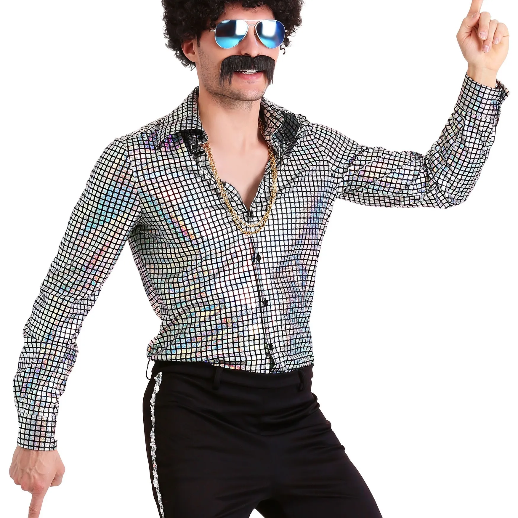 大人のディスコボールシャツメンズ70年代ディスコシャツパーティーハロウィン用長袖ボタンシャツ