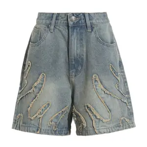 Fashionable High Waist Five-pockets Wide Leg Midi Shorts Women Casual Washed Denim Jeans Shorts