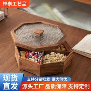 Caja de almacenamiento de madera de estilo chino con forma de polígono y tapa de vidrio para refrigerios, dulces, frutas, organizador de escritorio para el hogar - Product Image 4
