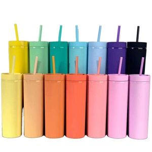 16oz Double Wall Matte Acrylic Skinny Tumbler Insulated Colorful Slim Plastic Cups Water Bottle With Lid And Straw