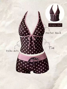 Women Swimwear <b>Polka</b> <b>Dot</b> 2-Piece Tankini Set Deep V Lace-up Neck Front Tie Cami Top & Contrast Waistband Drawstring Swim Shorts - Product Image 4