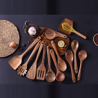 Ensemble de spatule à frire, louche et entonnoir en bois de teck massif écologique, ustensiles de cuisine antiadhésifs complets