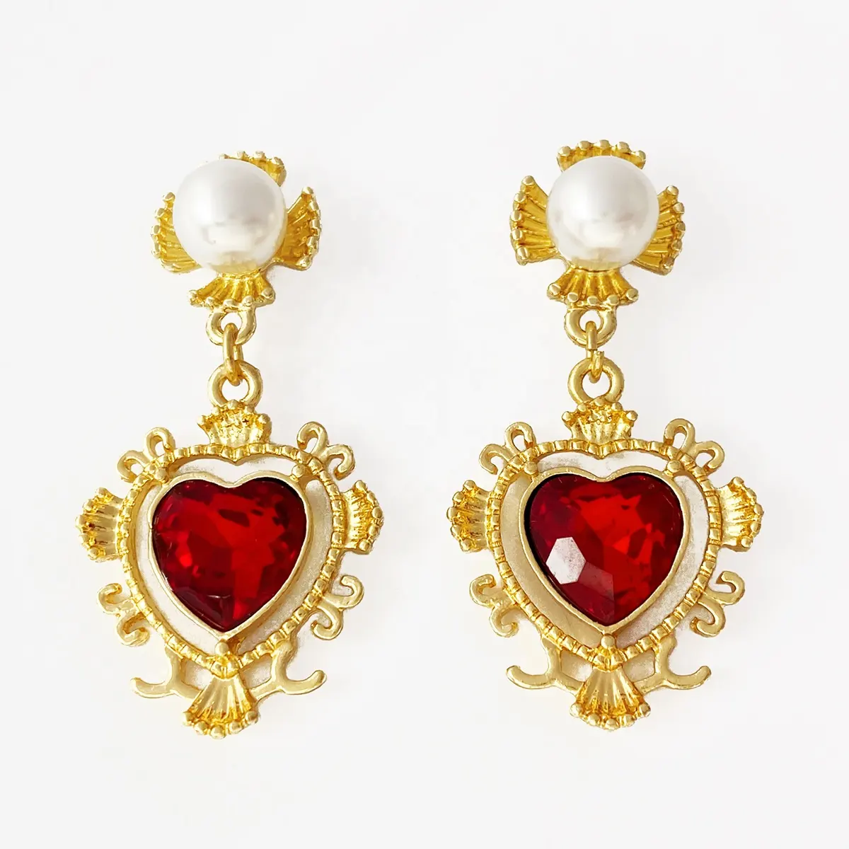 Glamour Jewelry Wholesale Long Gold plated drop heart diamond pearl earrings for women